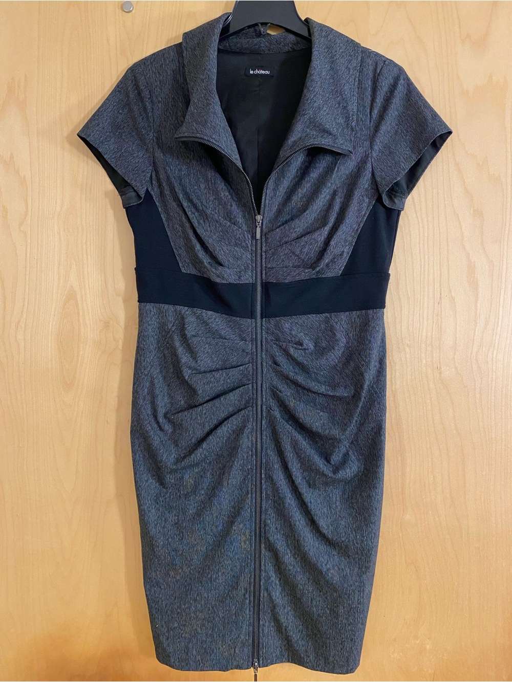 le chateau Charcoal Gray Zip-Front Sheath Dress with Black Waistband